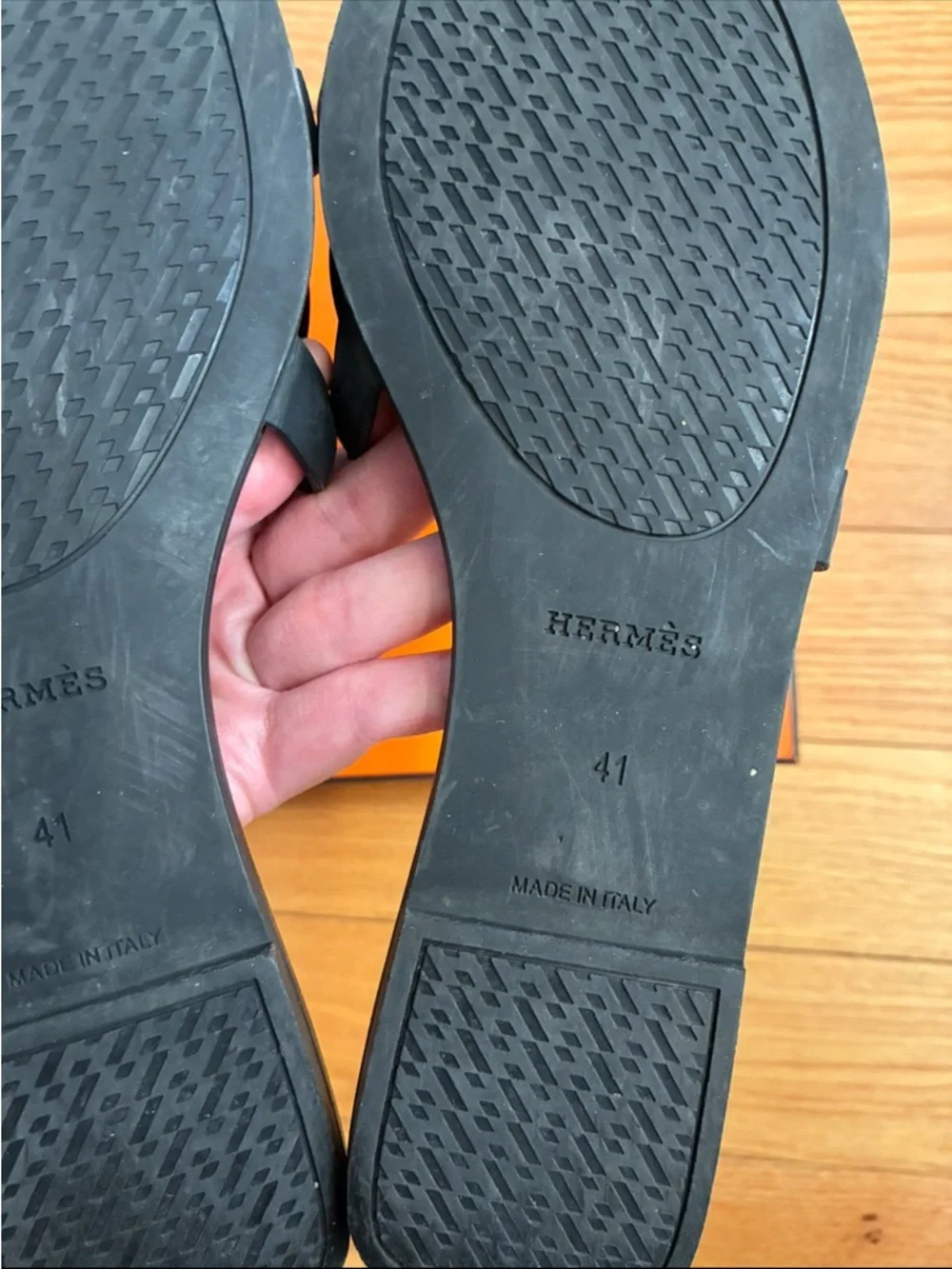 Hermes Black Leather Oran-Style Slide Sandals